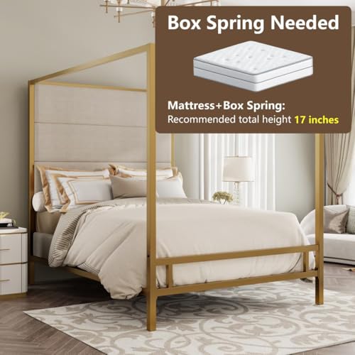 JIJIWANG Modern Gold Canopy Bed Frame with Tall Linen Fabric Upholstered Headboard Metal 4-Poster Bed, Box Spring Needed, (Queen,Gold)