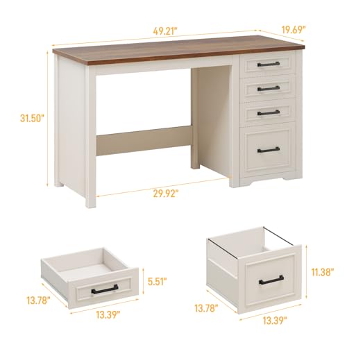 Vabches Farmhouse 49” Executive Desk with File Drawer, 4 Drawers Reversible Computer Desk with Storage, Rustic Home Writing Workstation for Home Office.White Brown Vabches