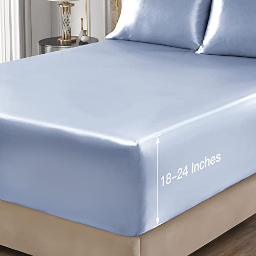 VACVELT 4pcs Extra Deep Pocket Queen Size Bedding Set, Baby Blue Luxury Satin Sheet Set Fit 18-24 Inch Deep Pocket Mattress, Soft & Ultra Deep Fitted Sheet Set VACVELT