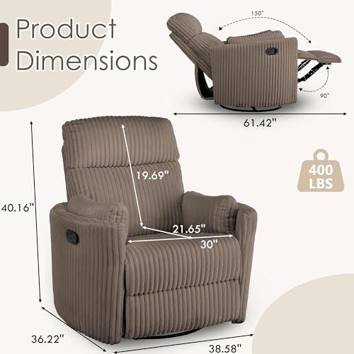 Chizzyseat Nursery Rocking Chairs Comfy High Back 360 Swivel Rocker Recliner with 2 Pillows Glider Recliner Nursery Chair for Adults Small Spaces Nursing Bedroom Living Room Brown