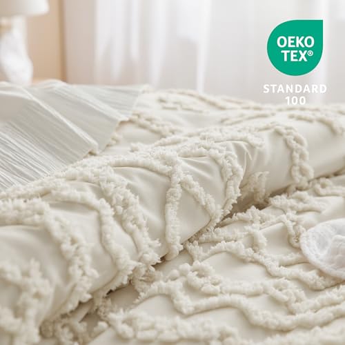 Bedsure Tufted Boho Comforter Set Twin Size - Beige Boho Bed Set, GentleSoft™ 2 Pieces Farmhouse Shabby Chic Embroidery Bedding, Gifts for Woman, Soft Jacquard Twin Comforter for All Seasons Bedsure