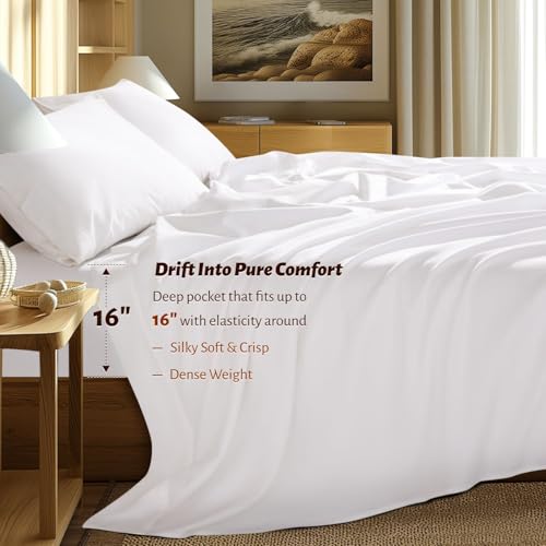 Shilucheng 100% Egyptian Cotton Queen Size Sheets Set - 1000 Thread Count,Luxury Cotton Bed Sheets,Breathable & Cooling Bedding and Pillow Cases, 16 Inch Deep Pocket - 4 Piece (White, Queen) Shilucheng