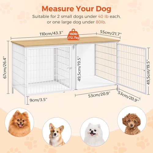 MAHANCRIS Dog Crate Furniture for 2 Dogs, 43.3" Dog Kennel with Removable Divider, Heavy Sturdy Dog Furniture Style Double Cage for Small Medium Dogs, Indoor Pet House End Table, Natural and White MAHANCRIS