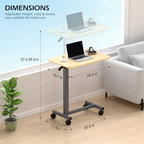 WOTURE Adjustable Overbed Table with Wheels, Bedside Rolling Table, Pneumatic Height Adjustment, Hospital Bed Table on Wheels, Standing Desk, Bedridden & Mobility Needs, Maple WOTURE