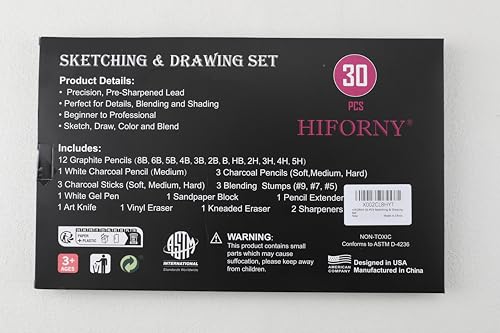 HIFORNY 30 PCS Sketching Drawing Pencil Set,Sketch Pencils Art Supplies with Graphite,Charcoal,Blending Tools,Accessories,Drawing Kit for Adults Artists HIFORNY