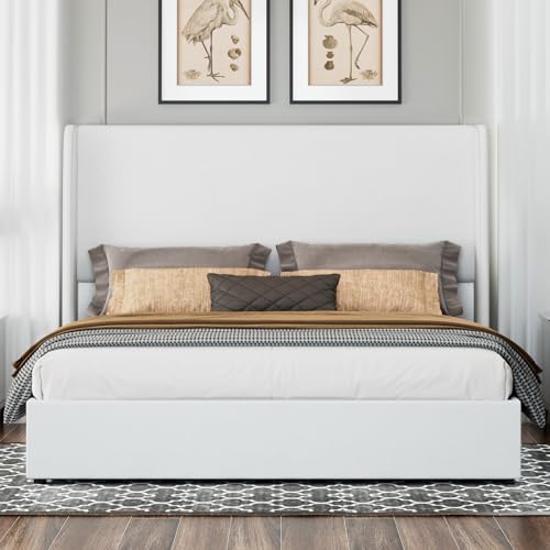 Jocisland King Size Bed Frame with Storage - Upholstered Lift Platform Bed, Wingback Headboard, Hydraulic System, No Box Spring Needed, Wood Slats Support, White Jocisland