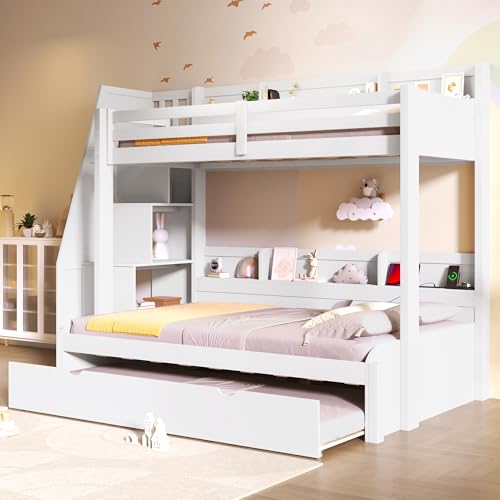 Bellemave Twin Over Full Bunk Bed with Storage Staircase, Trundle, Built-in Shelves & USB Charging Station, Space-Saving Design Bunk Bed Frame for Kids Teens, Solid Wood & MDF, White Bellemave