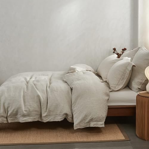 Simple&Opulence 100% Washed Linen Duvet Cover Set with Embroidered,3 Pieces Soft Farmhouse Comforter Set with Button Closure,1 Duvet Cover and 2 Pillowshams(King,Natural Linen) Simple&Opulence