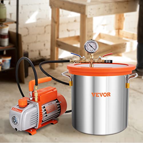 VEVOR 5 Gallon Vacuum Chamber and 3.5 CFM Pump Kit, Tempered Glass Lid Vacuum Degassing Chamber Kit, Single Stage Vacuum Pump with 250 ml Oil Bottle, for Stabilizing Wood, Degassing Silicones, Epoxies VEVOR