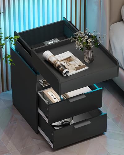 Baoz Nightstand with Gun Drawer, Charging Night Stand with USB and AC Ports, LED Nightstand, NightStands with Gun Drawer, Smart Night Stand with Sliding Top Storage