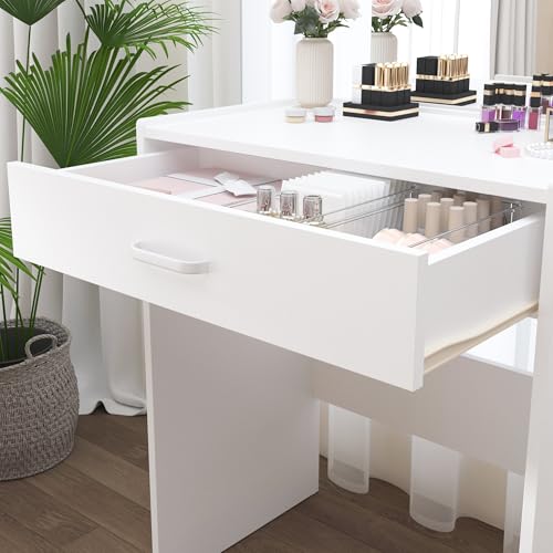 NAIYUFA Vanity Desk,Small Vanity with Storage Drawer & Chair,Makeup Vanity Desk with Mirror,Modern Vanity Table Set for Bedroom Small Space,White NAIYUFA