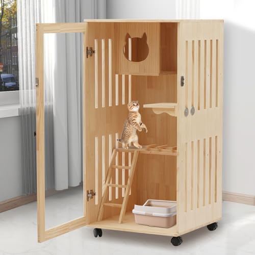 Catio Outdoor Cat Enclosure - 47.24" Large Wooden Cat House with Wheels, Multi-Level New Zealand Pine Wood (0.6" Thick) w/Clear Door for Indoor Use Nwkxnrt