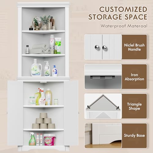 Flamaker Corner Cabinet, Corner Shelf with 2 Barn Doors and 3 Shelves, Freestanding Storage Cabinet with Adjustable Dividers for Bathroom, Living Flamaker