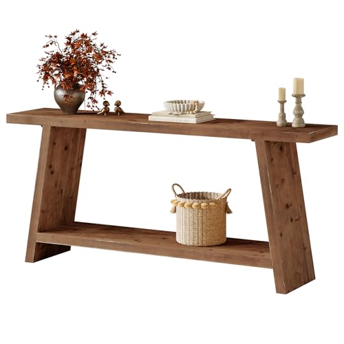 TRIBEWOOD 70.9'' Solid Wood Console Table, Narrow Long Sofa Table Behind Couch with 2-Tier Storage, Farmhouse Entryway Table for Living Room, Hallway, Foyer, Brown TRIBEWOOD