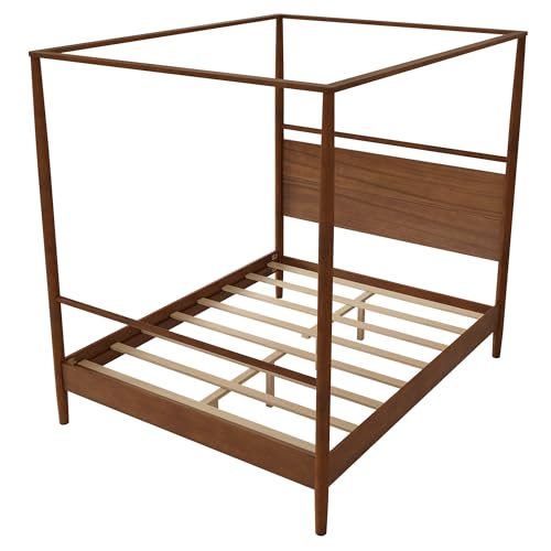 Solid Wood Canopy Platform Bed Queen Size,Mid-Century Modern Four Posters Platform Bed Frame with Full-Length Slide Rails & Headboard,Under-Bed Space,No Box Spring Needed,Walnut