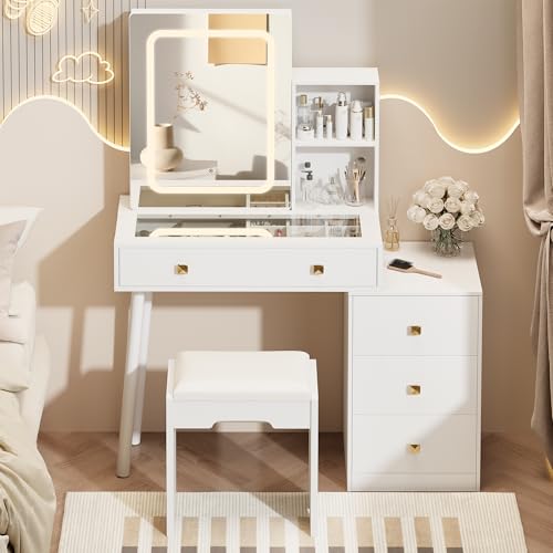 KAMABOKO Vanity Desk with LED Lights Mirror & Power Outlet, Small Makeup Vanity Table Set with 3 LED Lights Modes Adjustable Brightness,Dressing Table for Women and Girls Bedroom (055 White) KAMABOKO
