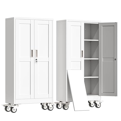 erosoei 61" H Metal Garage Storage Cabinet, Rolling Tool Cabinet with 2 Doors and Wheels, Locker Steel Cabinet with 3 Adjustable Shelves, Organization Cabinet for Garage,Office,Home,Gym,School(White) erosoei