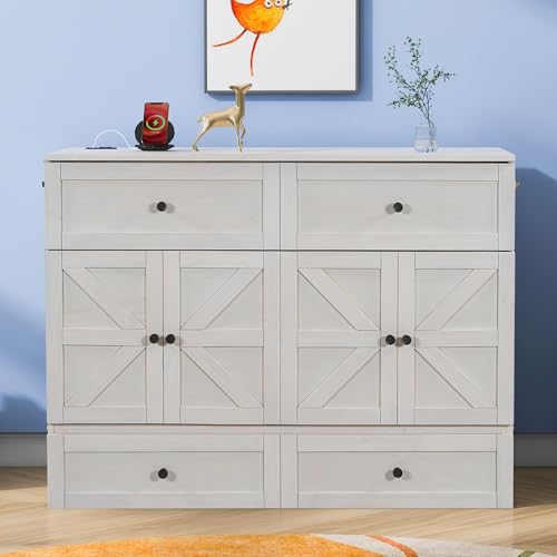 YOPTO Full Size Murphy Bed Chest,Folding Storage Wall Bed with Large Drawers,USB Ports & 2 Three-Prong Outlets,Hidden Cabinet Platform Bed W/Wood Slats Support,for Bedroom,Guest Room,Brushed White YOPTO