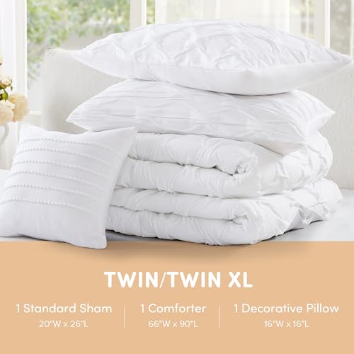 Comfort Spaces Twin/Twin XL Comforter Set for College Ogee Ruched Crinkle Texture Breathable Comforter Set Twin Dorm All Season Lightweight Bedding Set Shabby Chic Décor Pilow White 3 Piece Comfort Spaces