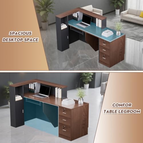 L-Shaped Modern Large Wooden Commercial Reception Desk with Counter & Shelves, Front Reception Desk Counter Table with Storage, Drawers for Offices,Home (Brown + Black, Left- 71''L x 42''W x 41''H) Drexo
