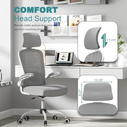 Mimoglad Office Chair, High Back Ergonomic Desk Chair with Adjustable Lumbar Support and Headrest, with flip-up Armrests for Guitar Playing, 5 Years Warranty (Moon Grey) Mimoglad