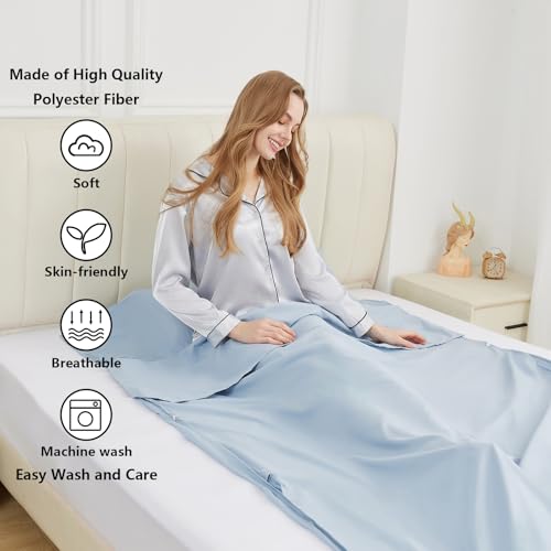 RHINSBENF Sleeping Bag Liner Camping Adult Sleep Sack Lightweight Travel Sheet for Hotel Bed Compact Ultralight Essential Cleaning Supplies Kit Travel Bedding Set for Backpacking (Blue & Single) RHINSBENF