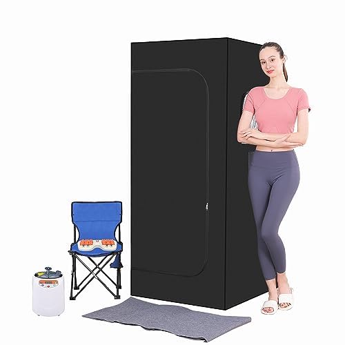 Full Body Personal Home Sauna Box, Portable Steam Saunas Tent, 1100W & 3L Sauna Steamer, Remote Control, Foldable Chair(Black) Cofute