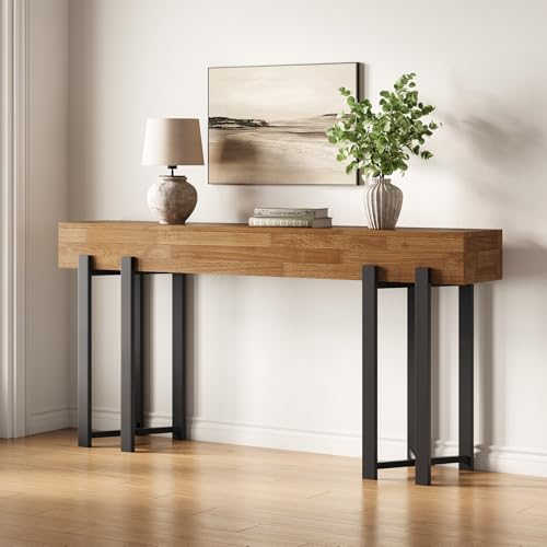 LITTLE TREE 63-Inch Console Table for Entryway, Farmhouse Behind Couch Table, Minimalist Sofa Table for Living Room, Long Wooden Hallway Foyer Table with Black Metal Frame, Oak LITTLE TREE