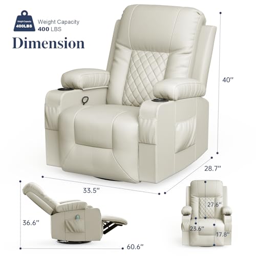 FURNIMAT Recliner Chairs for Adults, Massage Rocker with Heated Modern Ergonomic Lounge 360 Degree Swivel Single Sofa Seat Living Room Lounge Recliners Ivory White