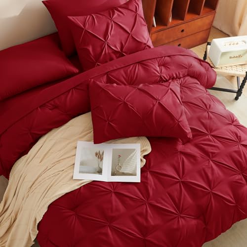 CozyLux King Size Comforter Set Dark Red, 7 Pieces Pintuck Bed in A Bag Red Comforter King Size, Pinch Pleat Bedding Set with All Season Comforter, Sheets, Pillowcases & Shams CozyLux