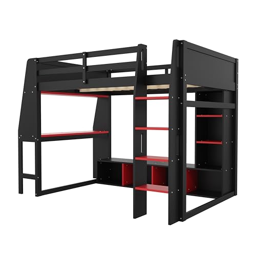 Full Size Gaming Loft Bed with Desk & RGB Light & Open Wardrobe,Wooden Loft Bed Frame with Storage Shelves,Safety Guardrails,Ladder and Under Bed play Space for Teens Adults,No Box Spring Needed,Black Harper & Bright Designs