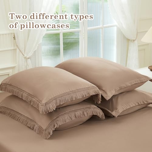 Andency Taupe Queen Size Comforter Set with Sheets - 7 Pieces Boho Tassel Bed in a Bag Soft Lightweight Bedding Sets, Taupe Fringe Bed Set with Comforter, Sheets, Pillowcases & Shams Andency