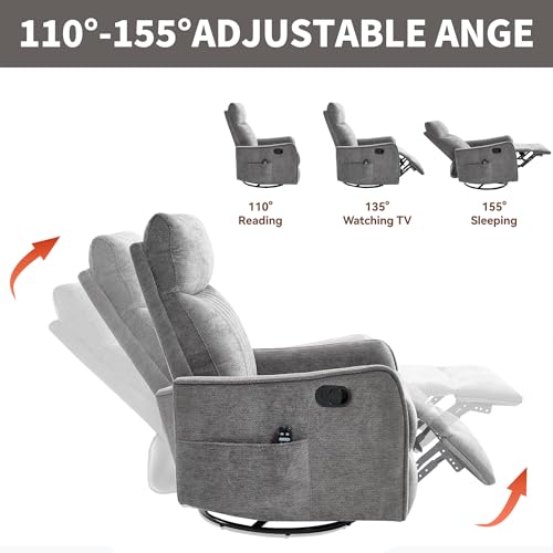 High Back Massage Recliner with Heat - Swivel Rocking Chair for Small Spaces, Manual Lazy Boy Recliner for Adults, Perfect for Living Room & Bedroom, Soft Fabric (Dark Gray)