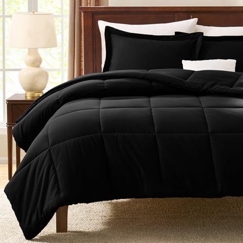 CozyLux Queen Comforter Set Black - 3 Pieces Box Stitched Comforters Queen Size, Soft Bed Set for All Seasons, Lightweight Bedding Sets with 1 Down Alternative Comforter and 2 Pillow Shams CozyLux