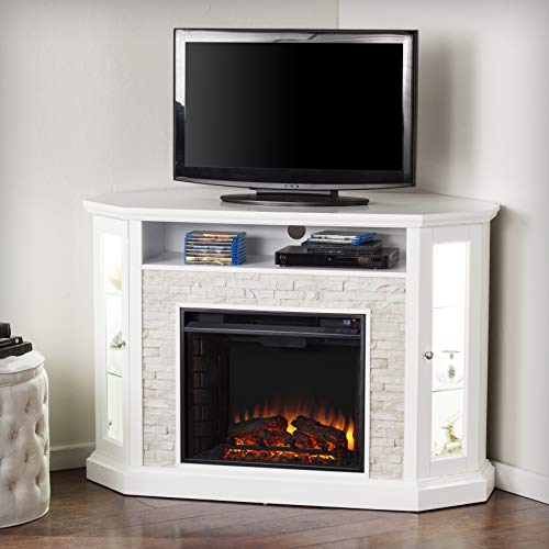 SEI Furniture Redden Faux Stone Convertible Electric Media Storage Corner Fireplace, Fresh White SEI Furniture