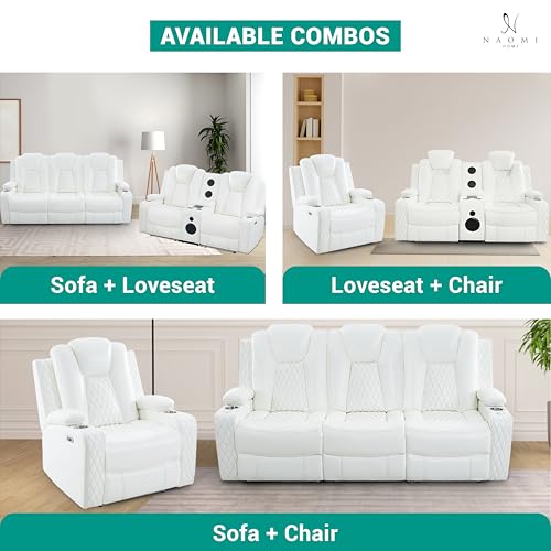 Naomi Home Chicago Power Recliner Chair with LED Lights, USB Charging Port, Adjustable Headrest, Cup Holders & Detachable Tray Tables, Faux Leather Home Theater Seating Recliner - White