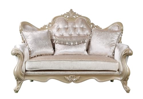 Acme Libertee Upholstered Loveseat with 3 Pillows in Beige and Champagne Acme