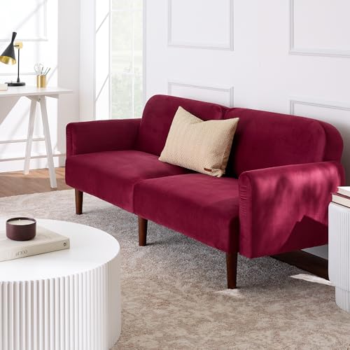 Best Choice Products 77" Mid Century Modern Velvet Loveseat Sofa, Couch, Convertible Sofa Sleeper Bed w/Real Wood, Removable Armrest - Raspberry Best Choice Products