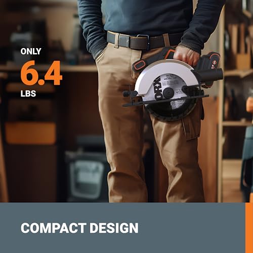 Worx 20V Cordless Electric Circular Saw 6-1/2'' Max. 2-3/16" Cutting Depth 4700 Rpm 0-50° Bevel Capacity 2.0 Ah Battery and Charger Included WX526L WORX