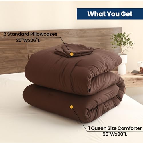 Paxrac Earthy Brown Comforter Queen Size, Neutral 3 Pieces Comforter Set, Lightweight Solid Bedding Set, All Seasons Soft Fluffy Queen Comforter Set (90x90In Comforter & 2 Pillowcases) Paxrac