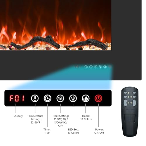 Valuxhome 30 Inches Recessed and Wall Mounted Electric Fireplaces Insert for Living Room with Remote,1500W/750W,13 Fuel Bed Colors, Overheating Protection, Crystal, Touch Screen, Timer, Black Valuxhome