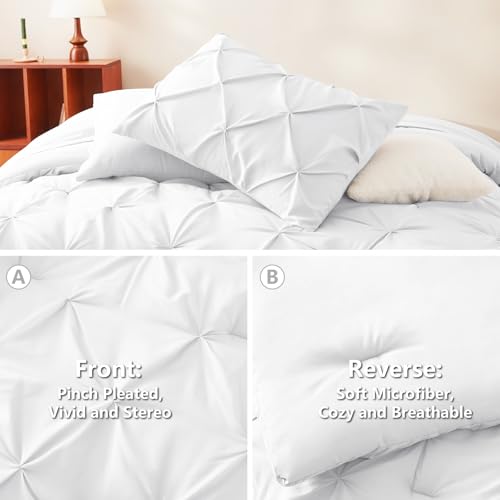 CozyLux Full Size Comforter Sets White, 7 Pieces Pintuck Bed in A Bag White Comforter Full Size, Pinch Pleat Bedding Sets with All Season Comforter, Sheets, Pillowcases & Shams CozyLux
