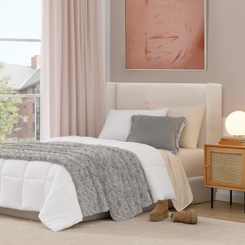 UGG Adalee Faux Fur Twin Blanket, Fluffy Blanket for Bed, Cozy Oversized Throw for Couch, Washable Twin XL Bedding, Luxury Home Decor, 66" x 90", Seal Grey UGG