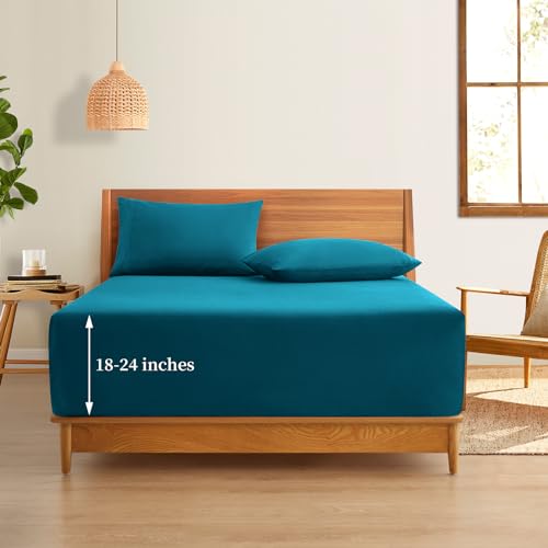 Horbaunal Extra Deep Pocket Queen Fitted Sheet Only - Fits Up to 24 Inch Mattress - Luxury 1800 Thread Count - Microfiber Teal Fitted Bed Sheet Queen Size Horbaunal
