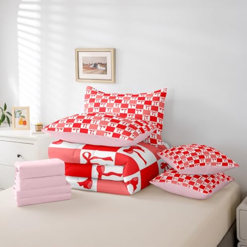 Erosebridal Ribbon Bow 7 Piece Bedding Set Full Grid Comforter Set with Sheets Plaid Check Aesthetic Coquette Kawaii Bed in a Bag Cute Bowknot Red for Kids Girls Women Erosebridal