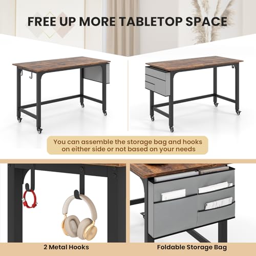 GOFLAME 4ft Conference Table Set of 2, Mobile Home Computer Desk, Meeting Room Table w/Detachable Storage Bag & 2 Headphone Hooks, Rolling Seminar Boardroom Table on Wheels, Black + Rustic Brown GOFLAME