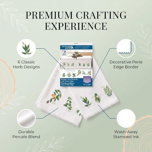 LEISURE ARTS Stamped Tea Towel with Perle Edge, Herb Garden, 2 Pack, 17x28 Inch, Percale Stamped Embroidery Fabric, DMC Anchor Coats Floss Guide