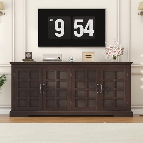 VVFLU 70" Sideboard Buffet Cabinet with Storage, Coffee Bar Cabinet with and 4 Doors, Long Wider Storage Cabinet Modern Farmhouse, Brown Wood, for Kitchen, Dining Room, Living Room VVFLU