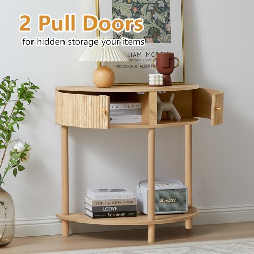 XUZENEST Fluted Half Moon Console Table, Modern Small Entry Table Sofa Table with Storage, Solid Wood Legs Narrow Entryway Table for Living Room, Hallway, Foyer(Natural) XUZENEST