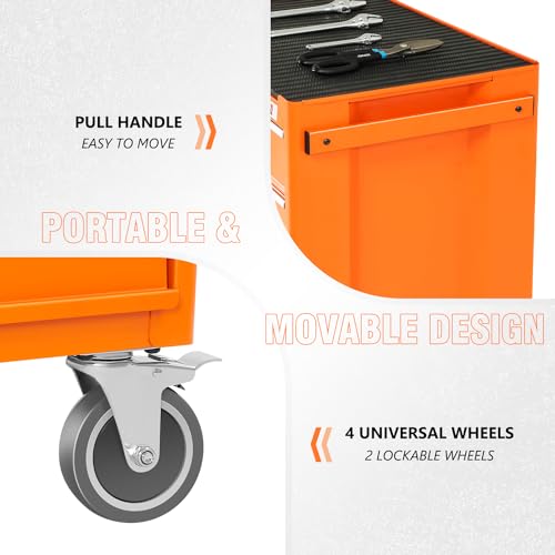 DNA MOTORING 3-Drawers Utility Rolling Tool Chest Cabinet with Wheels, Heavy Duty Industrial Service Cart Keyed Locking System, for Garage Warehouse Workshop, Orange, TOOLS-00400 DNA MOTORING